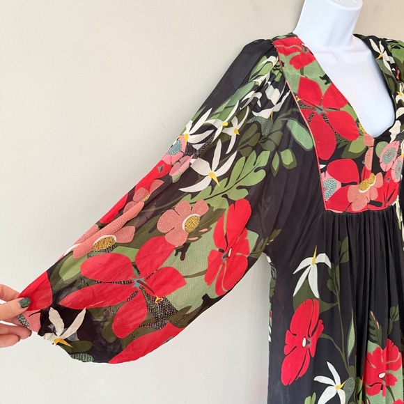 Farm Rio Anthropologie Floral Maxi Dress Black Red VNeck Long Sleeve Small Boho - Picture 6 of 16